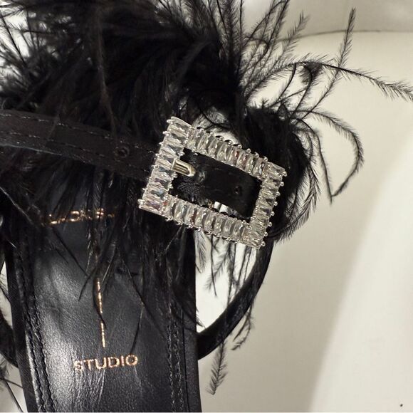 BLACK SUEDE STUDIO Trinity Satin Leather Ostrich Feather Black Sandals Size 10 - Picture 5 of 9